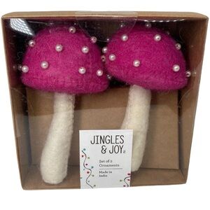 Jingles & Joy Set of 2 Bright Pink Pearl Mushroom Ornaments Cottagecore      C